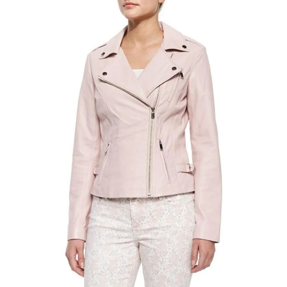 Neiman Marcus Genuine Pink Leather Zipper Pockets Moto Jacket Women's Size S